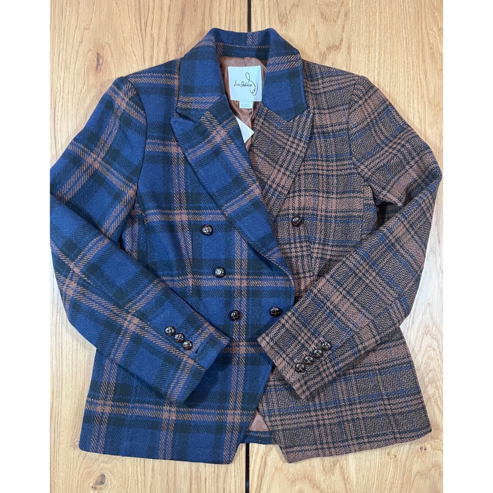 Sam Edelman Imogen Double Breasted Blazer Womens XS Blue Brown Plaid Academic